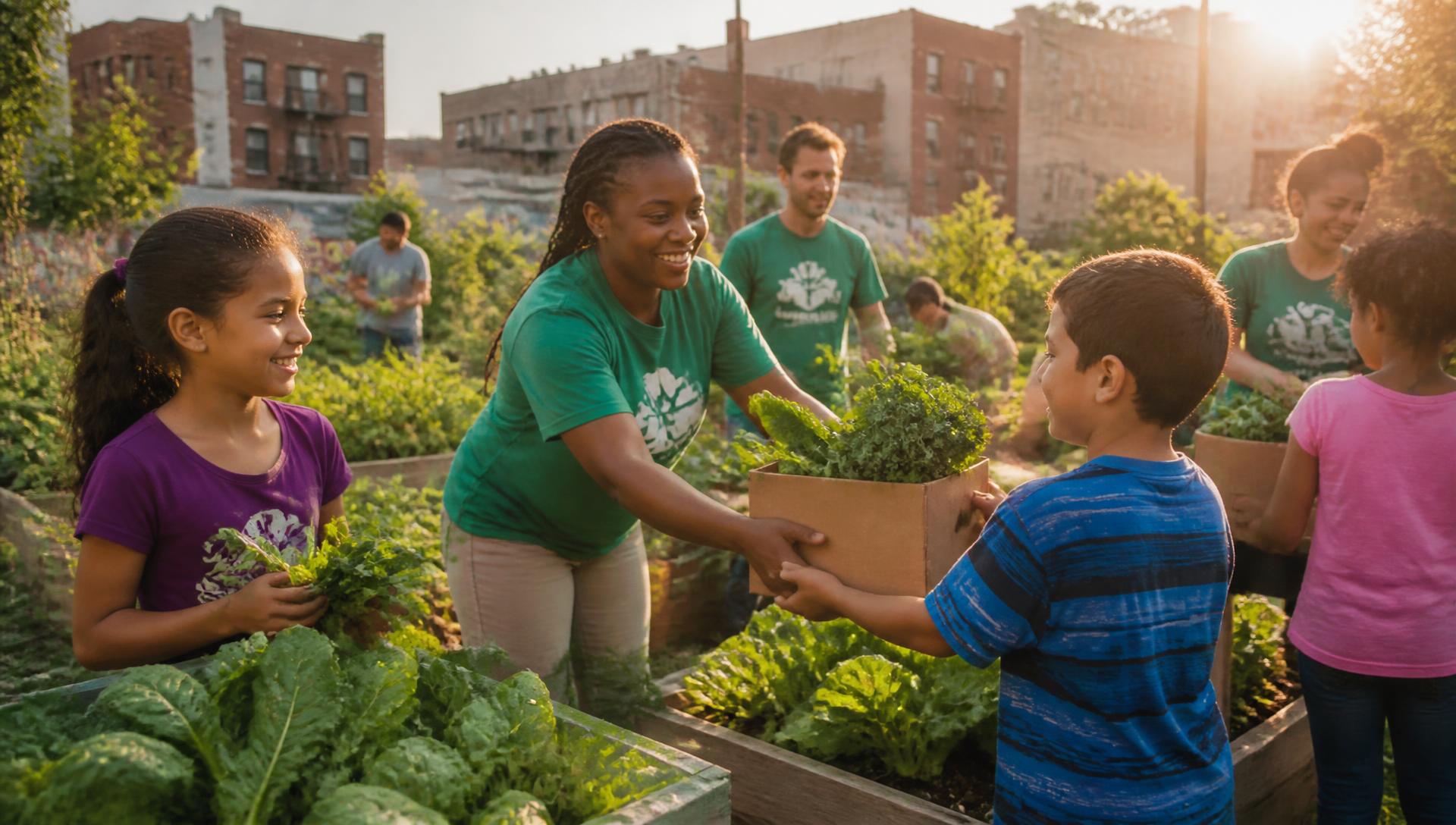 Volunteers and children sharing fresh produce in a community garden